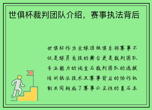 世俱杯裁判团队介绍，赛事执法背后