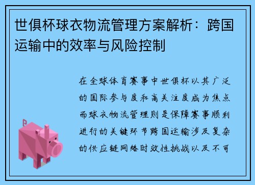 世俱杯球衣物流管理方案解析：跨国运输中的效率与风险控制
