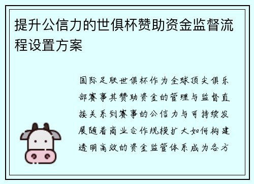 提升公信力的世俱杯赞助资金监督流程设置方案